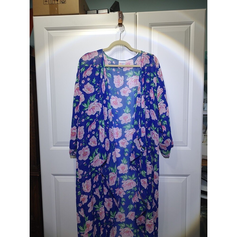 LulaRoe Shirley Blue/Pink Floral Pattern 3/4 Sleeve Kimono Cover Up Size X-Large